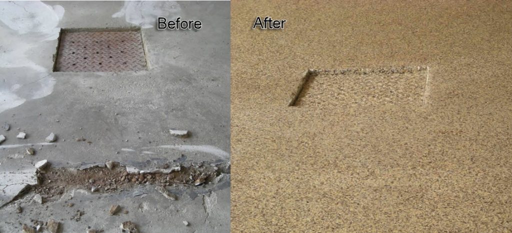 Before and after of very damaged floor. Finished floor has epoxy coating